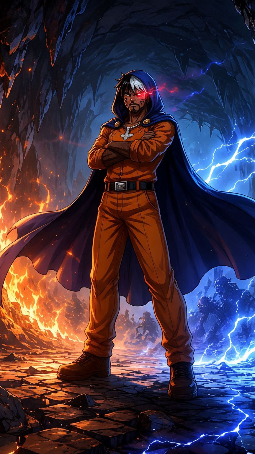 Raihou standing in a cavern with fire and lightning behind him