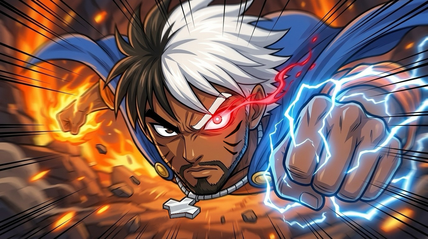Raihou rushing forward with a lightning strike punch