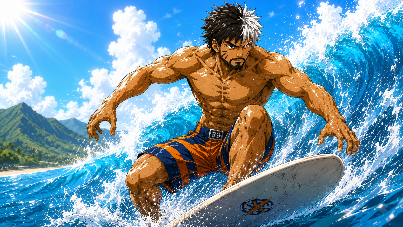 Raihou surfing a bright blue wave