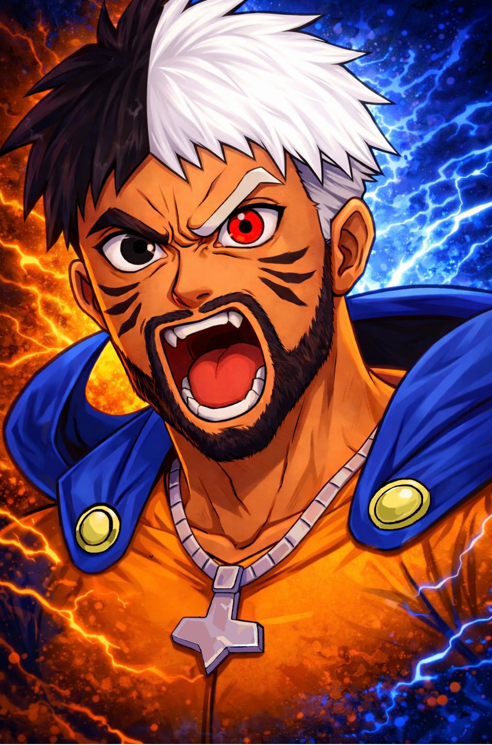 Close portrait of Dannosuke with fire and lightning