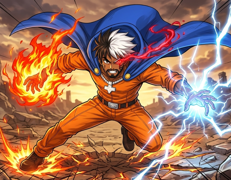 Dannosuke channeling fire and lightning in battle